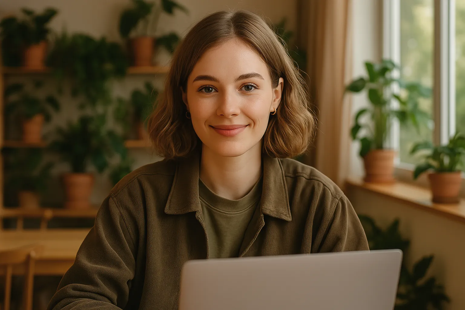 Junge Frau sitzt lächelnd am Laptop, im Hintergrund ein Regal mit Pflanzen