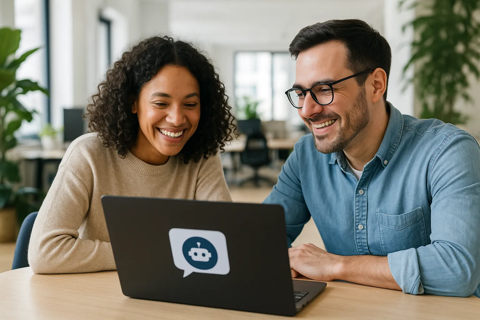 Eine Frau und ein Mann schauen lachend auf einen Laptop mit einem Chatbot-Aufkleber