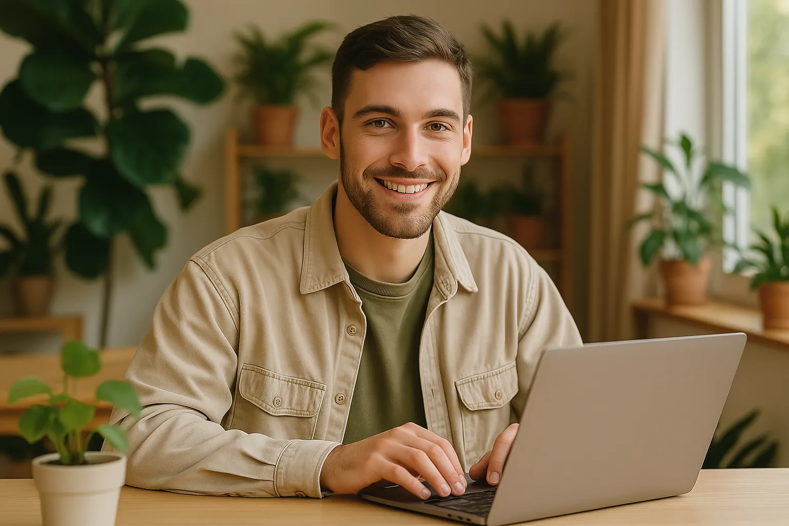 Lächelnder Mann arbeitet an einem Laptop an einem Holztisch, umgeben von Zimmerpflanzen