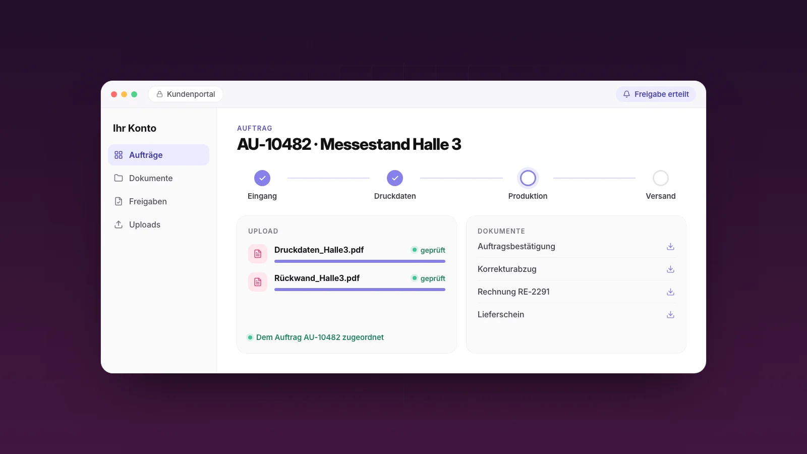 Grafik: Ein Kunde lädt Druckdaten im Portal hoch, die Datei wird geprüft und dem Auftrag im ERP zugeordnet